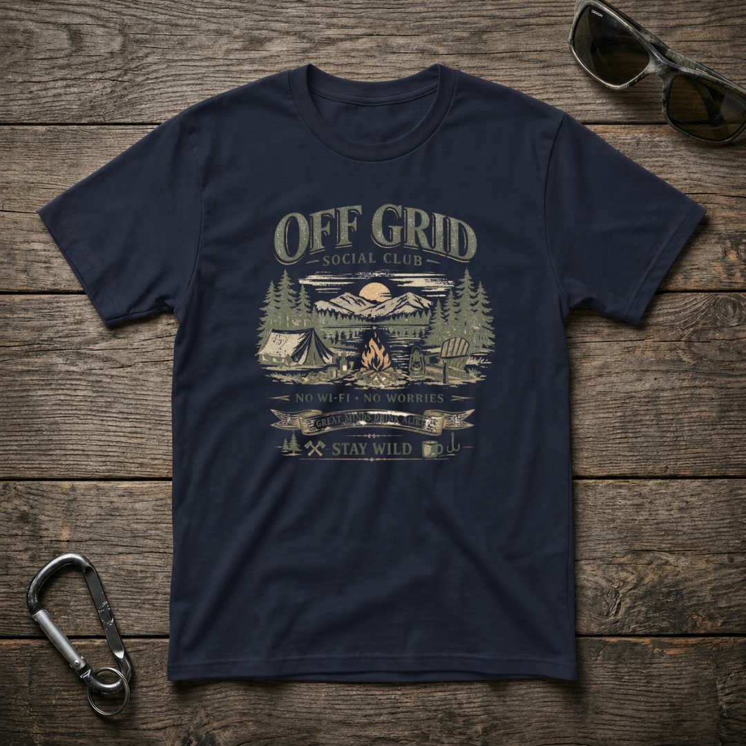 Navy graphic T-shirt by Designed For The Wild Co, Off-Grid Social Camping Softstyle T-Shirt with outdoor-themed design.
