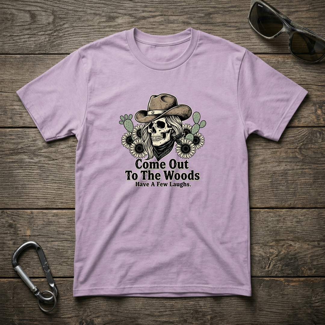 Come Out To The Woods graphic T-shirt by Designed For The Wild Co in orchid color, featuring nature-inspired design on soft cotton fabric.