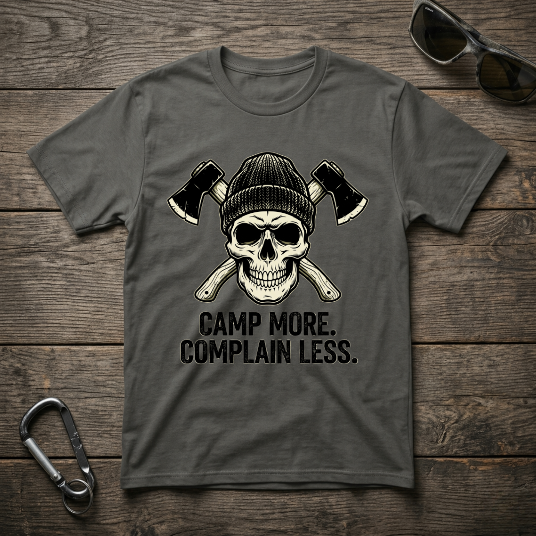 Designed For The Wild Co graphic Camp More, Complain Less T-shirt in pepper color, garment-dyed casual tee with outdoor-inspired design.