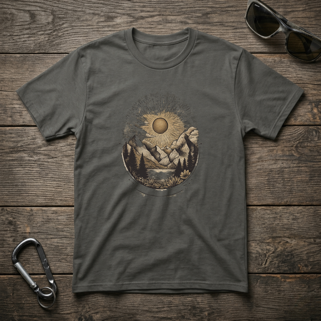 Desert Sunset graphic T-shirt by Designed For The Wild Co featuring a vibrant sunset design on a garment-dyed tee.