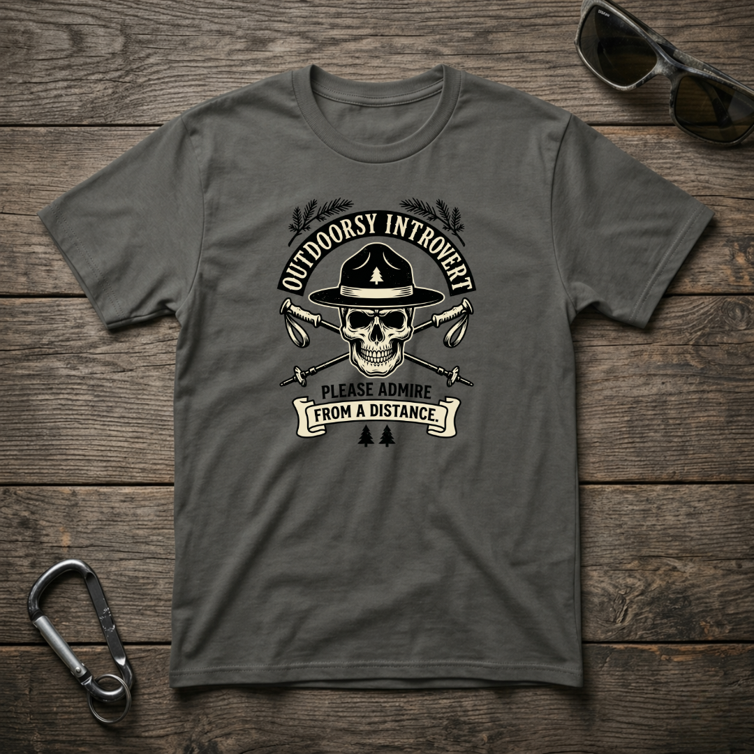 Designed For The Wild Co Outdoorsy Introvert graphic T-shirt in pepper color, featuring a casual, garment-dyed fabric and outdoors-inspired design.