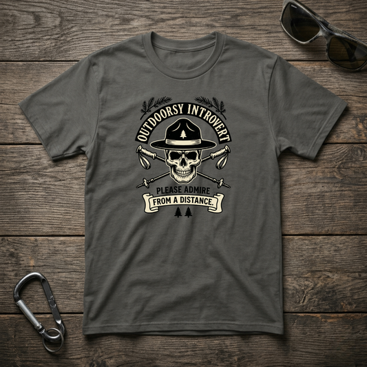 Designed For The Wild Co Outdoorsy Introvert graphic T-shirt in pepper color, featuring a casual, garment-dyed fabric and outdoors-inspired design.