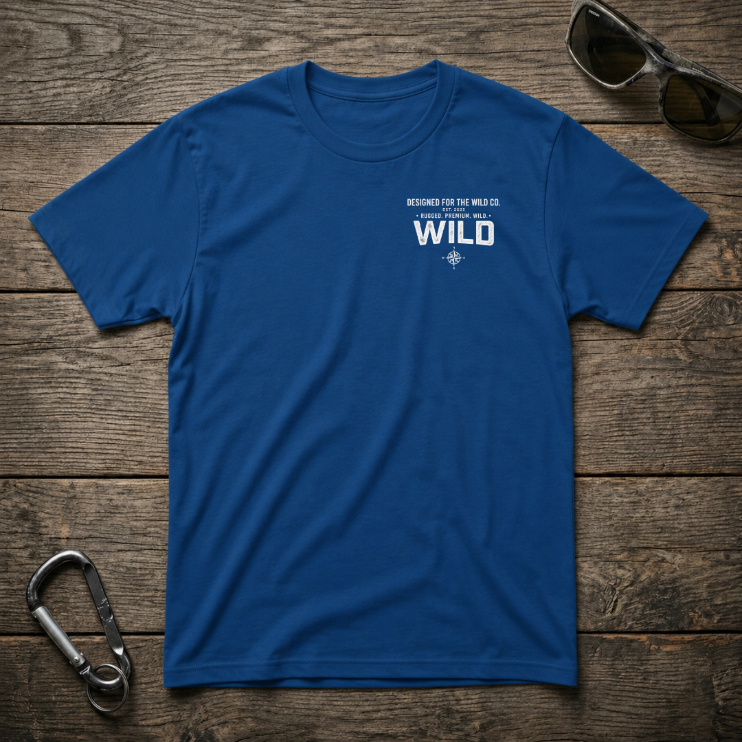 Royal blue graphic T-shirt from Designed For The Wild Co featuring wilderness-inspired artwork on a heavyweight cotton fabric.