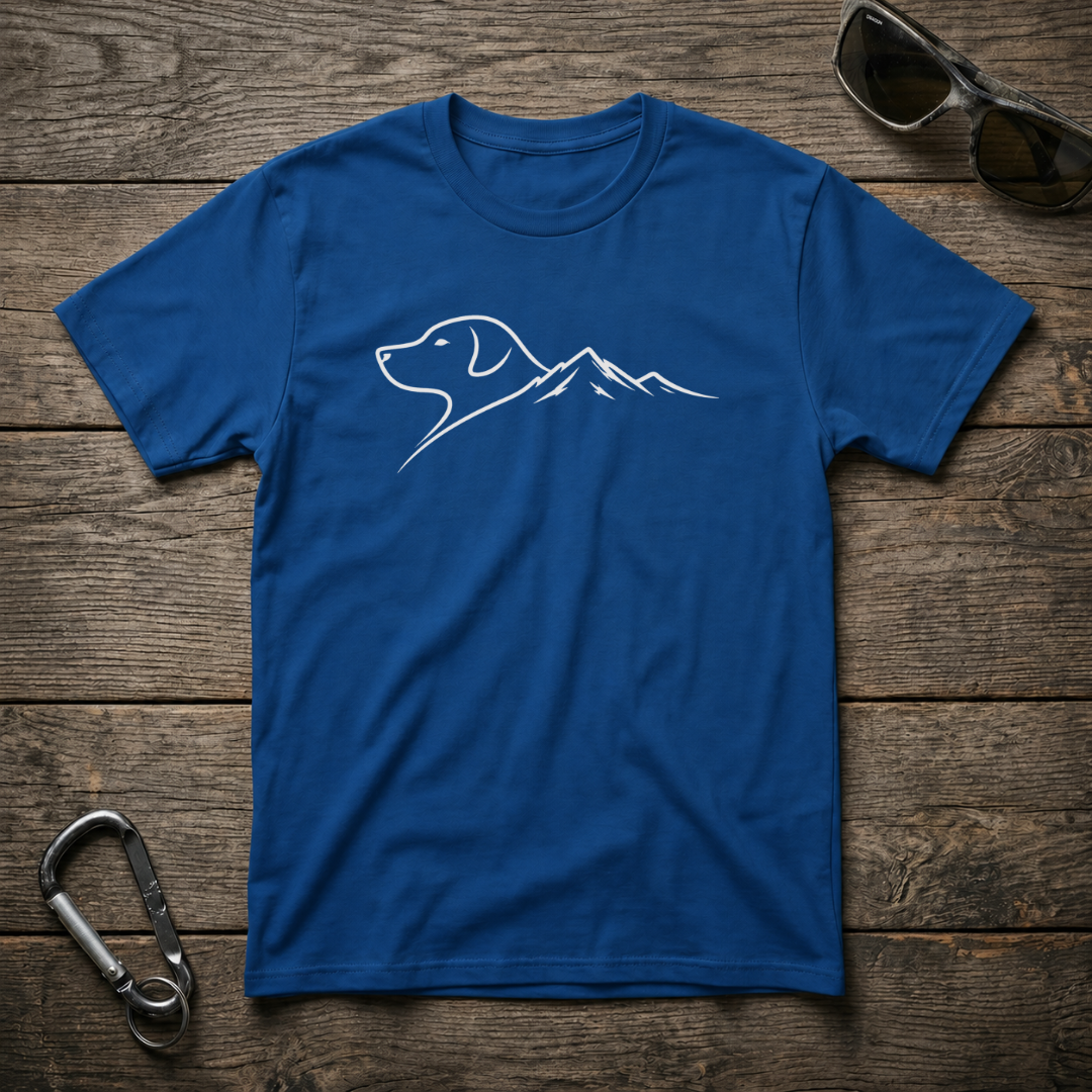 Dog and mountain graphic T-shirt by Designed For The Wild Co, featuring a colorful outdoor scene on a softstyle cotton shirt.