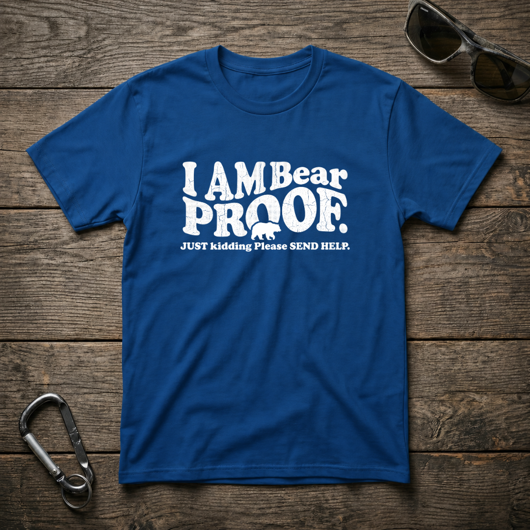 Royal blue I'm Bear Proof Softstyle T-Shirt by Designed For The Wild Co featuring a graphic bear design on front.