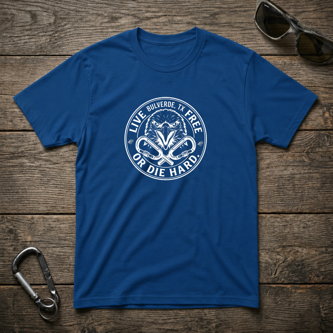 Royal blue graphic heavyweight T-shirt by Designed For The Wild Co featuring "Live Free Or Die Hard" text and bold design.