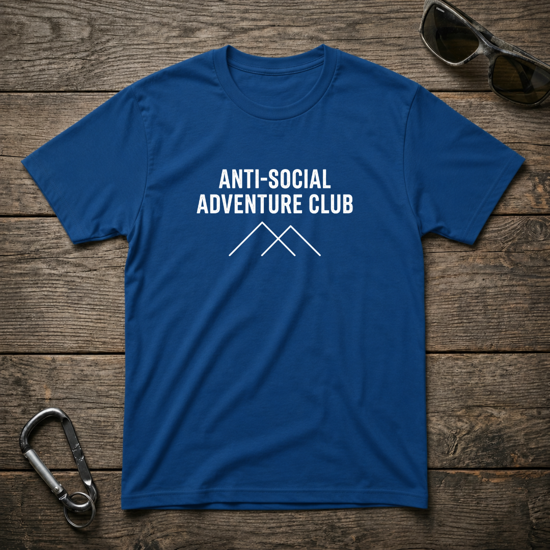 Royal blue graphic T-shirt from Designed For The Wild Co's Anti-Social Adventure Club collection featuring bold printed design.