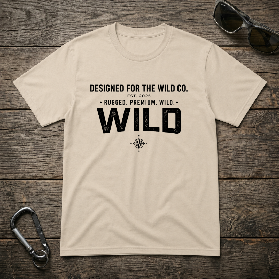 Designed For The Wild Co. logo heavyweight graphic T-shirt in sand color, featuring bold logo design on front.