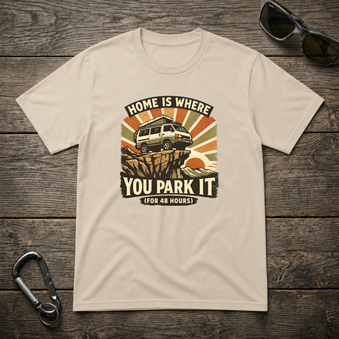 Graphic T-shirt featuring "Home Is Where You Park It" design by Designed For The Wild Co, in a heavyweight fabric, shown in beige color.