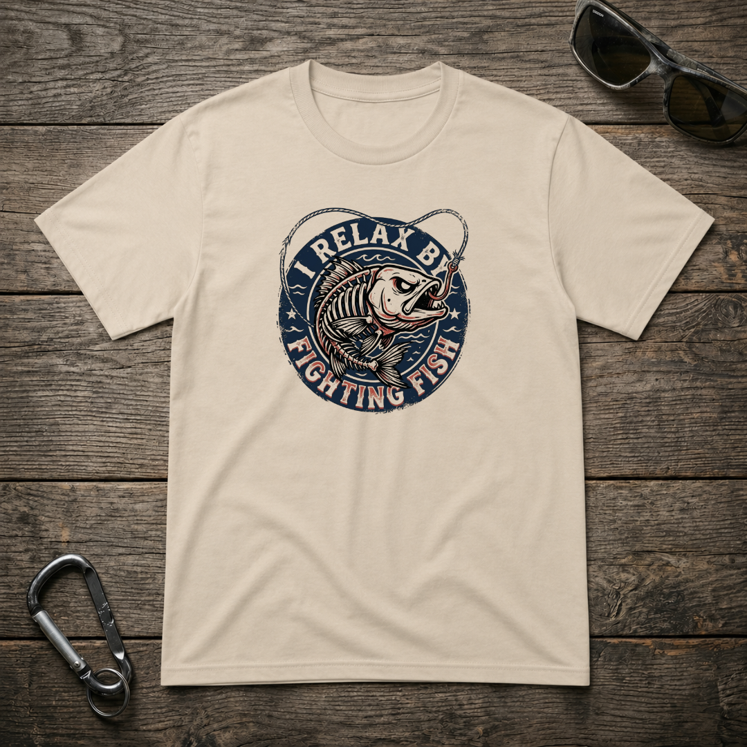 Relaxed-fit graphic T-shirt by Designed For The Wild Co featuring a fighting fish design on a beige background.