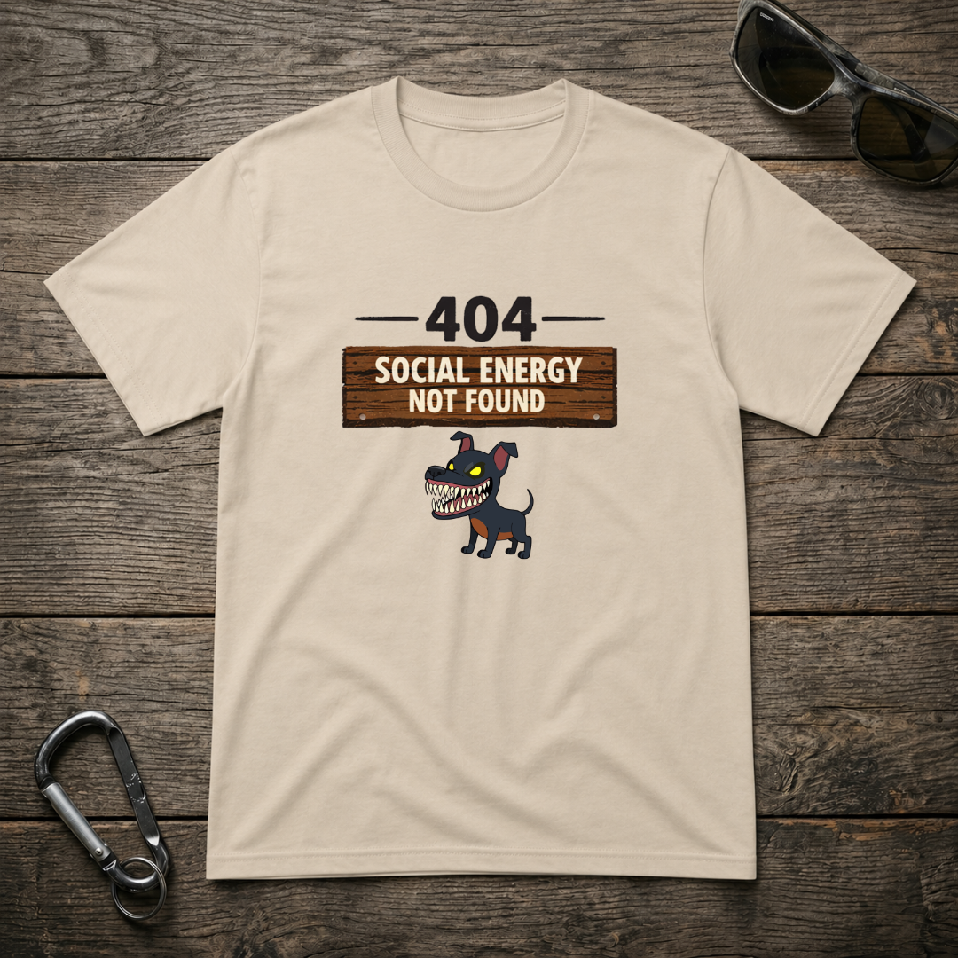 Designed For The Wild Co. Energy Not Found heavyweight graphic T-shirt in sand color, featuring bold text and modern style.