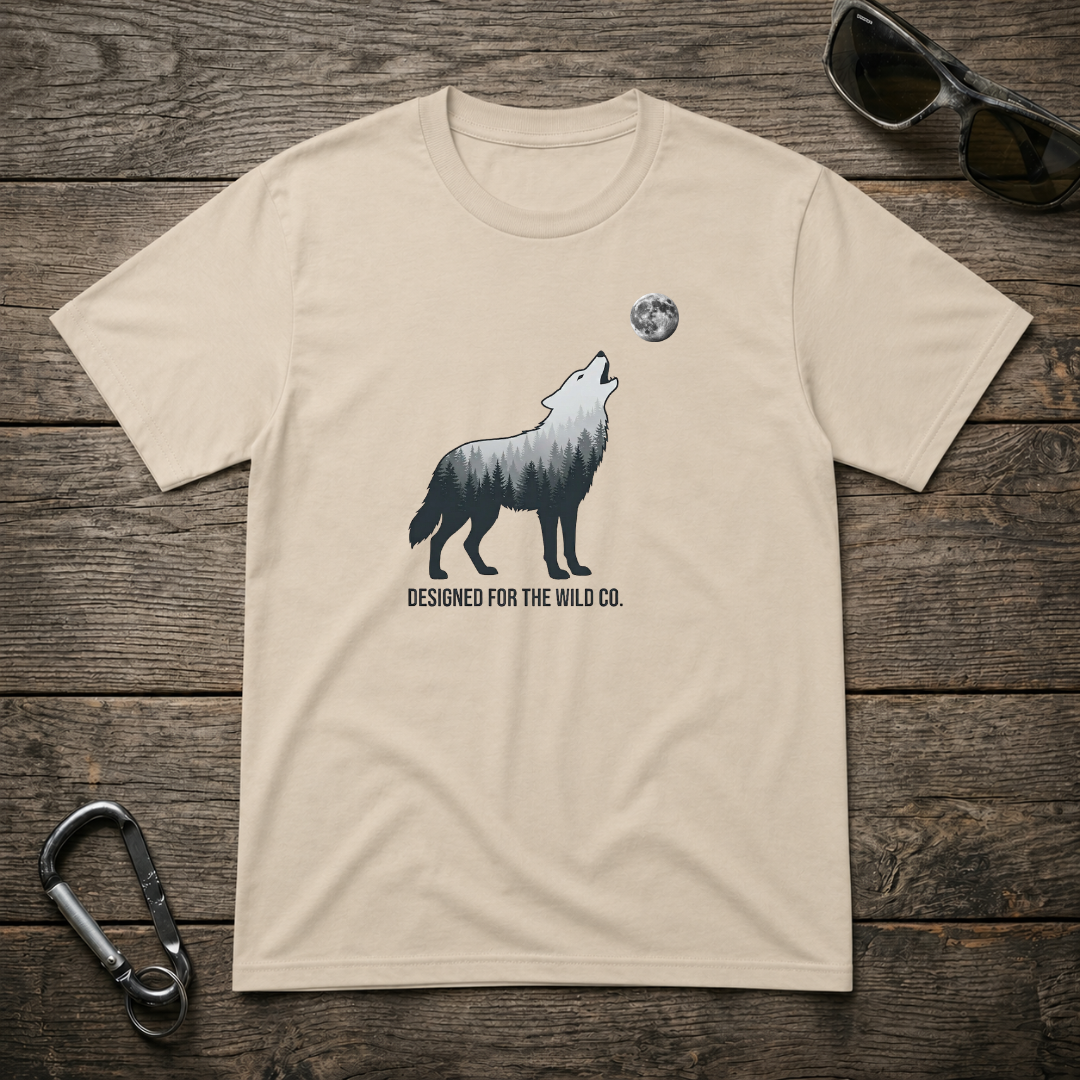 Wild Wolf Trail heavyweight graphic T-shirt by Designed For The Wild Co, featuring a rugged wolf trail design in earthy tones.