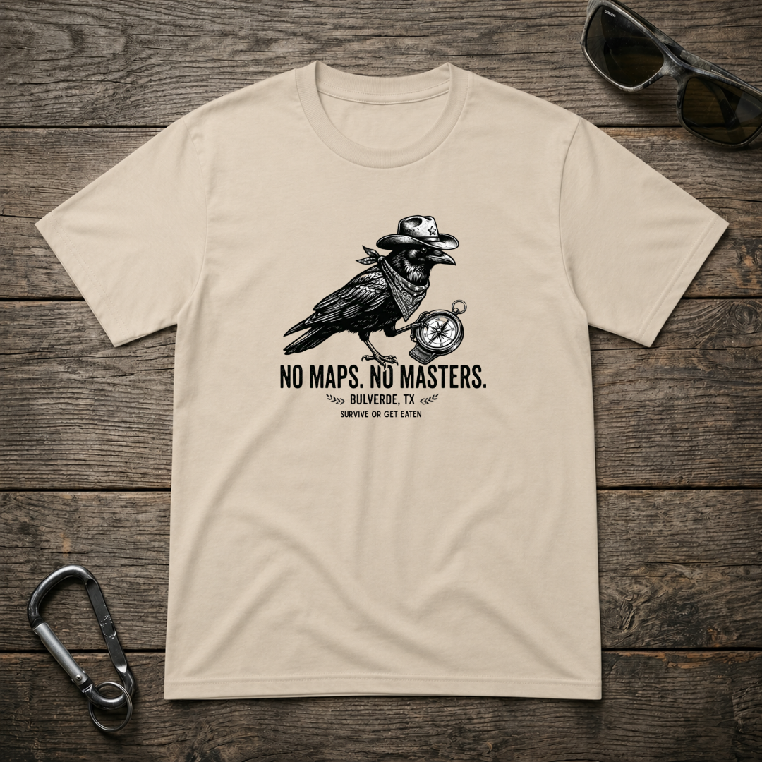 Designed For The Wild Co No Maps No Masters heavyweight graphic T-shirt in sandy color with bold printed design.