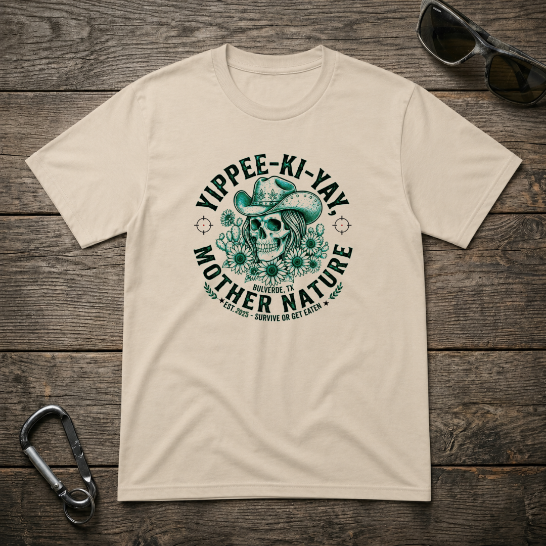 Designed For The Wild Co Yippee-Ki-YAY Mother Nature heavyweight graphic T-shirt with nature-inspired design on beige fabric