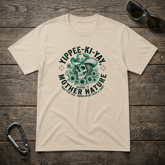 Designed For The Wild Co Yippee-Ki-YAY Mother Nature heavyweight graphic T-shirt with nature-inspired design on beige fabric