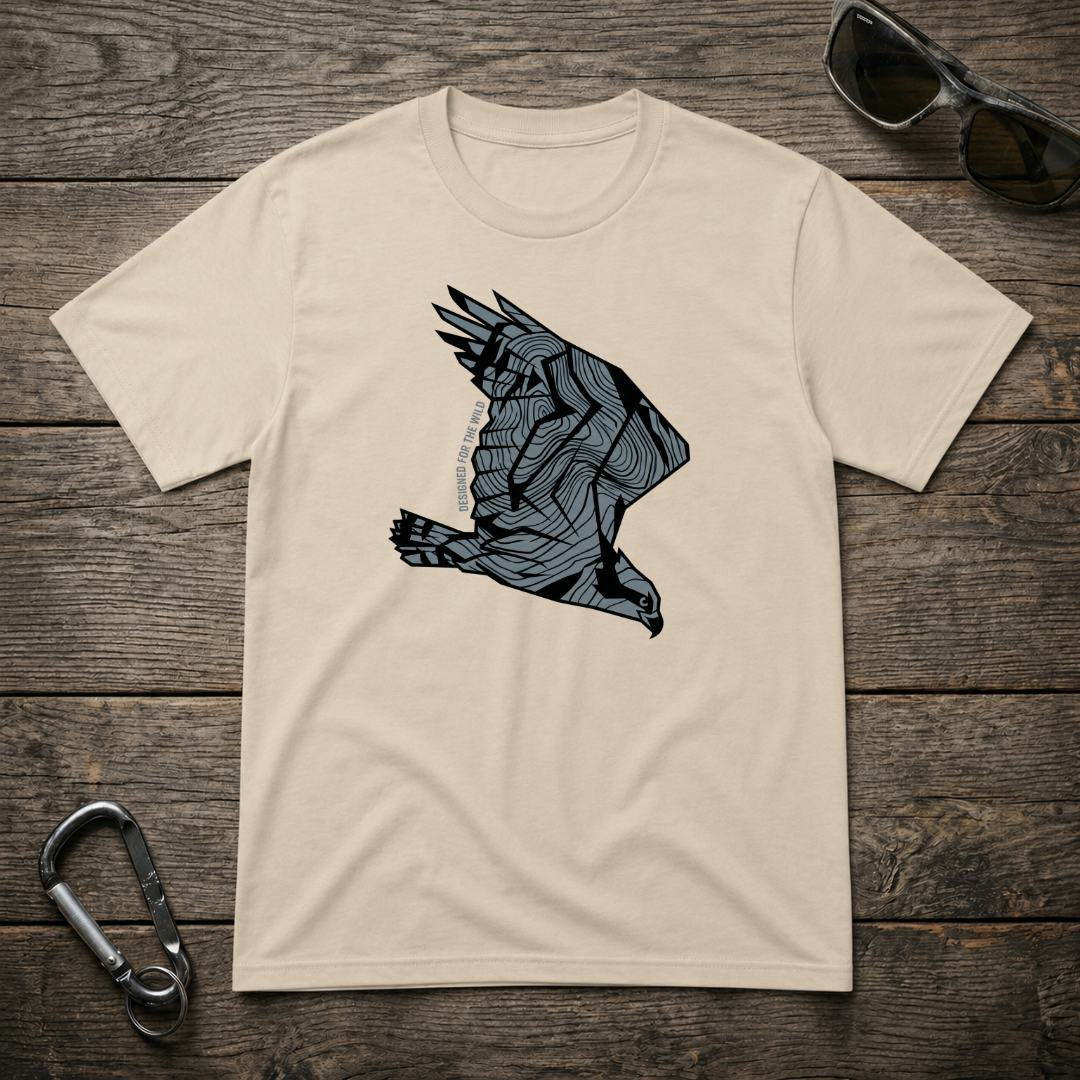 Designed For The Wild Co Eagle topography heavyweight graphic T-shirt with an eagle and mountain design on a beige background.