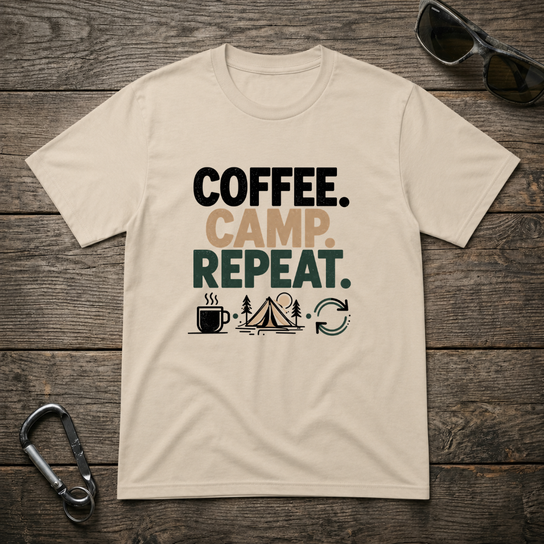 Graphic heavyweight T-shirt from Designed For The Wild Co featuring a "Camp Coffee Repeat" design with camping and coffee imagery.