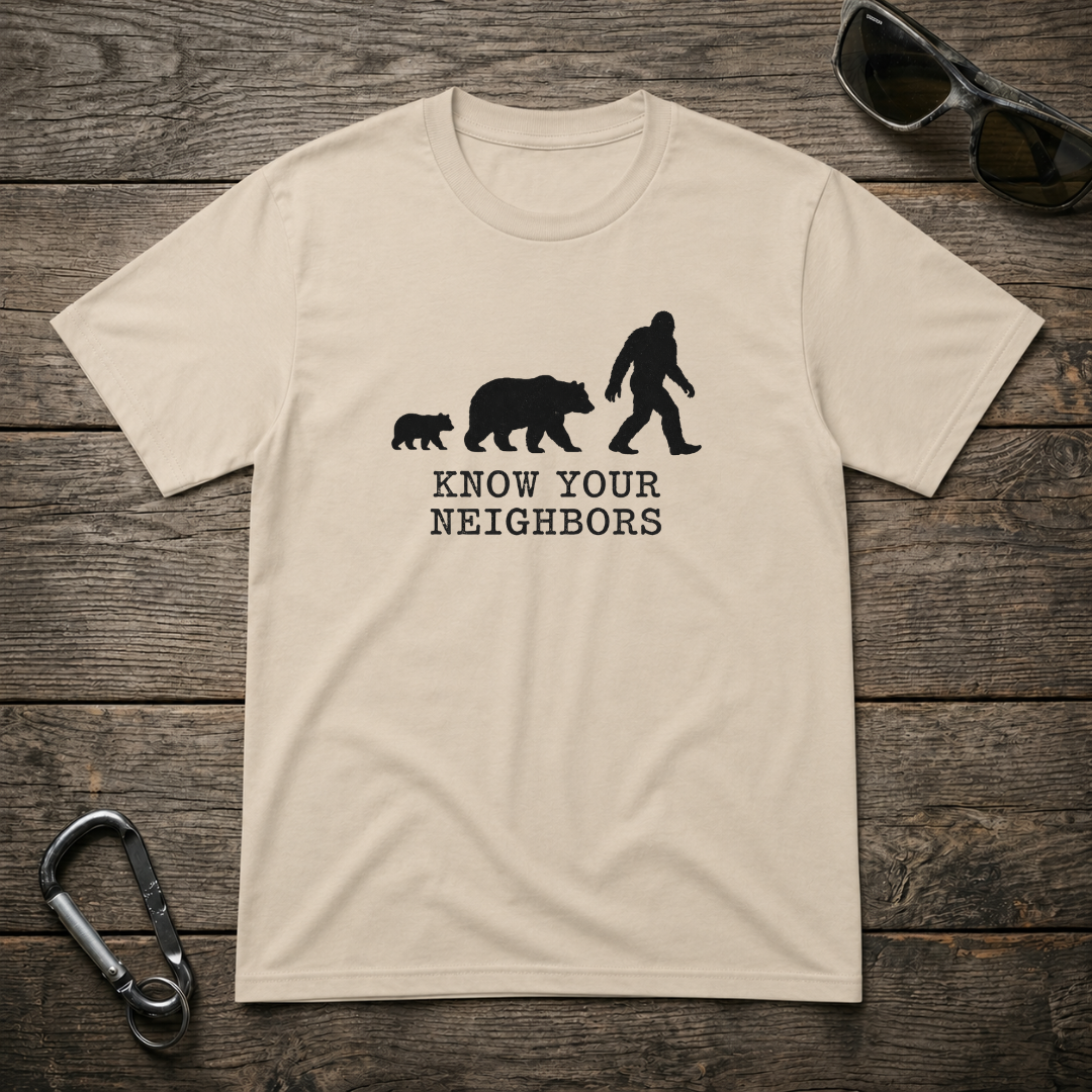 Graphic heavyweight T-shirt from Designed For The Wild Co with a "Know Your Neighbors" design in neutral tones.
