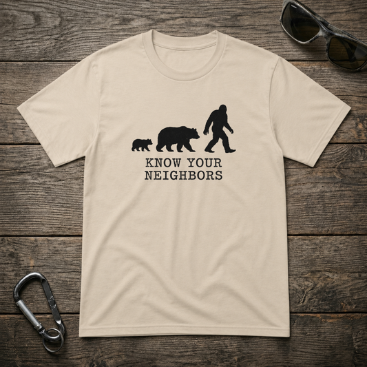 Graphic heavyweight T-shirt from Designed For The Wild Co with a "Know Your Neighbors" design in neutral tones.
