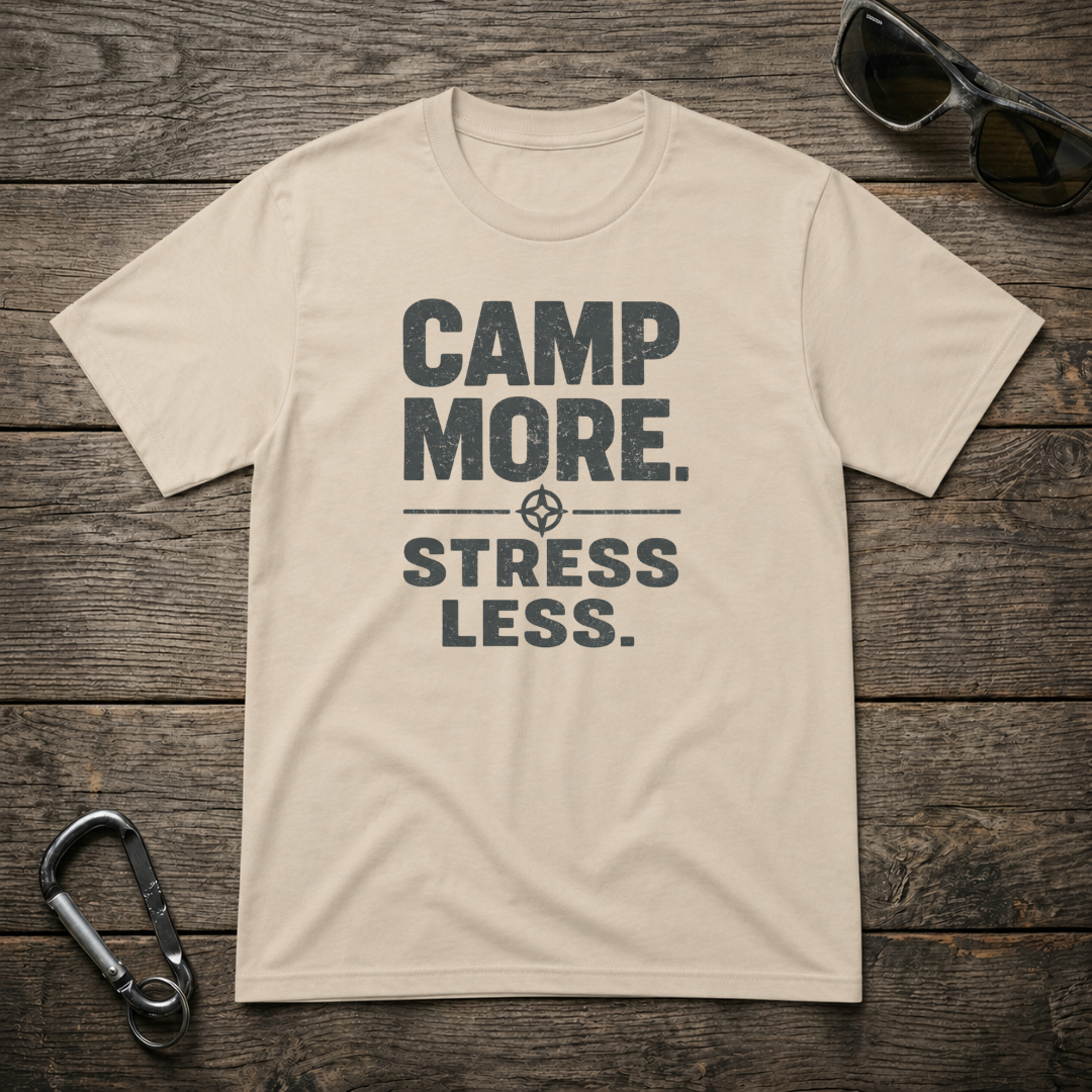Designed For The Wild Co graphic heavyweight T-shirt with "Camp More, Stress Less" slogan in sand color, casual outdoor style.