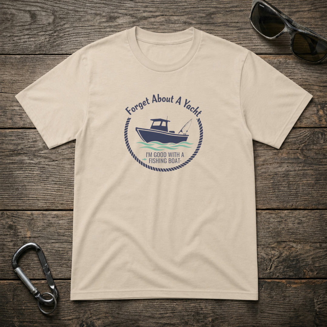 Forget About A Yacht graphic heavyweight T-shirt by Designed For The Wild Co, featuring a bold design on a comfortable tee.