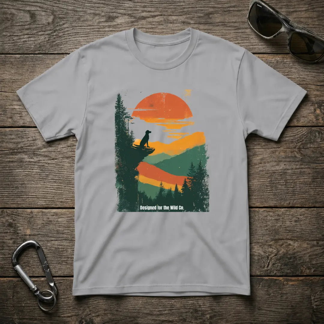 Sport grey Sunset Dogwatch graphic T-shirt by Designed For The Wild Co, featuring a vibrant sunset and dog design.