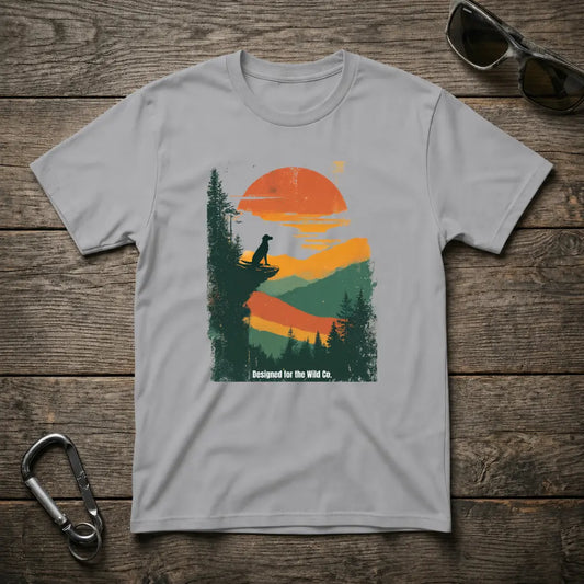 Sport grey Sunset Dogwatch graphic T-shirt by Designed For The Wild Co, featuring a vibrant sunset and dog design.