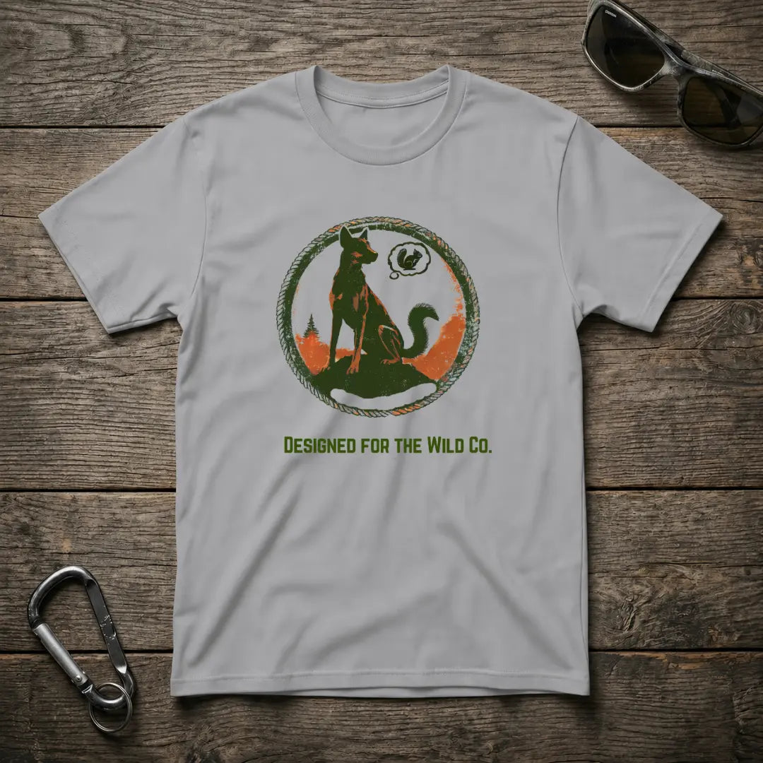 Sport grey squirrel graphic T-shirt by Designed For The Wild Co, soft garment-dyed cotton casual tee for dog lovers.