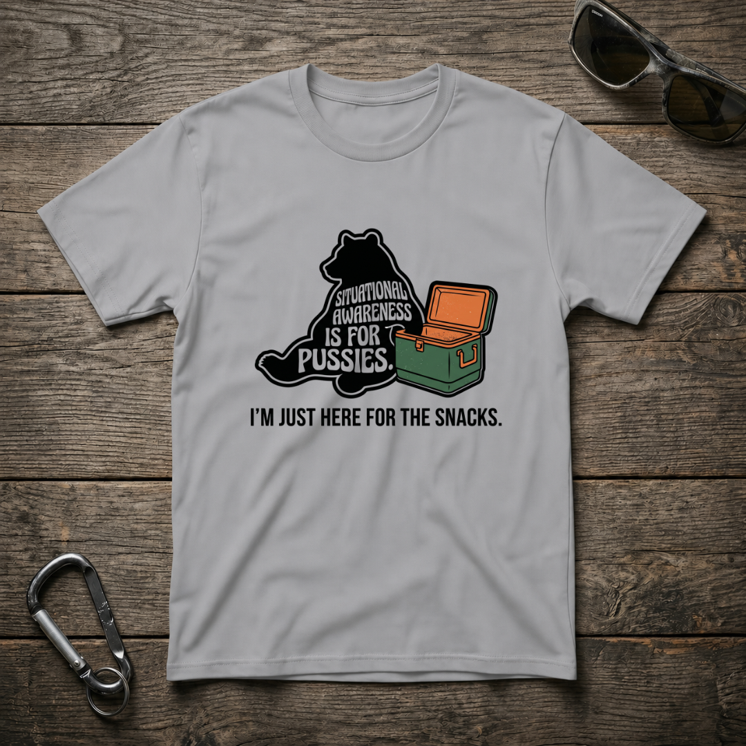 Sport grey graphic T-shirt featuring a situational awareness bear design by Designed For The Wild Co.