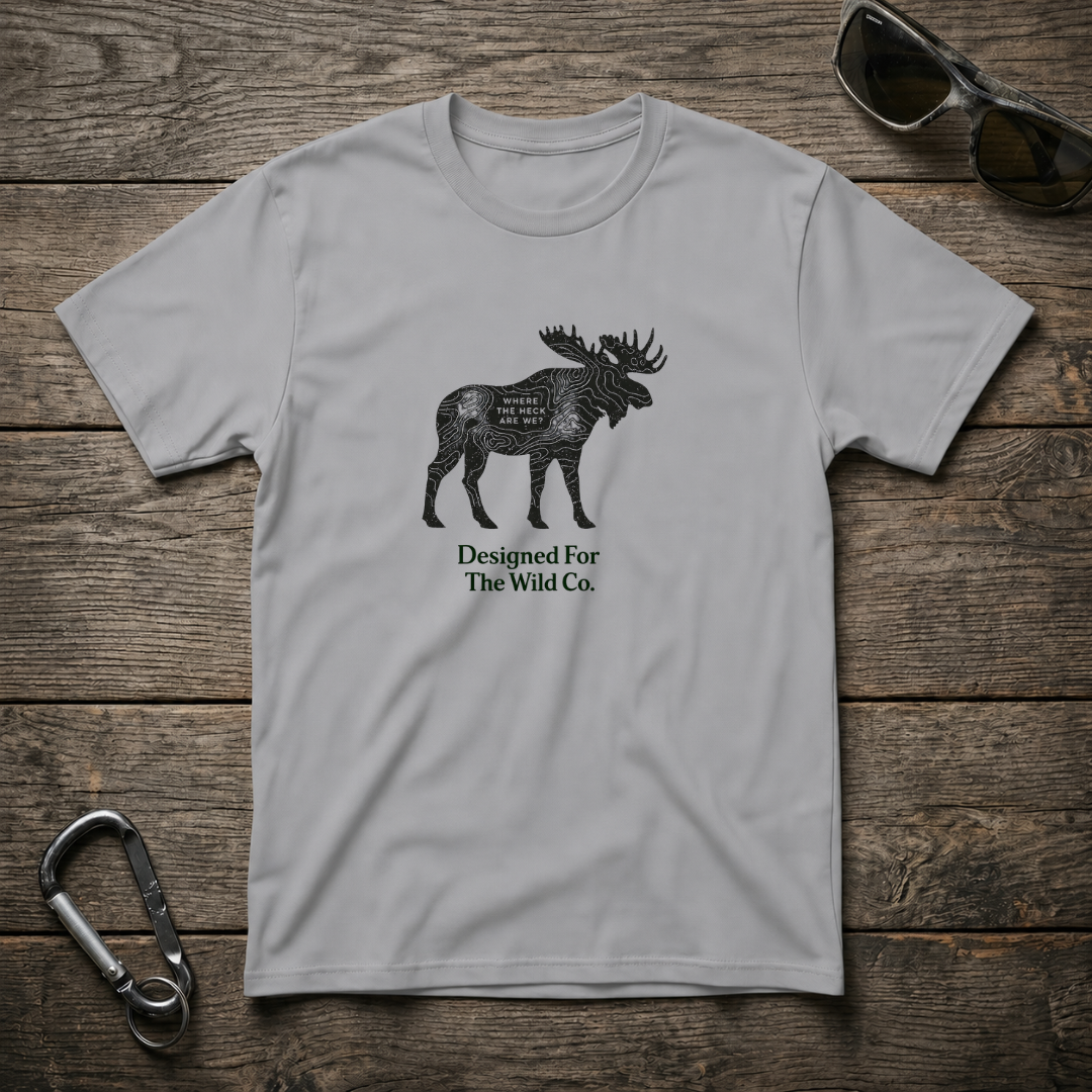 Sport grey Moose Trail Badge graphic softstyle T-shirt by Designed For The Wild Co featuring a detailed moose illustration.