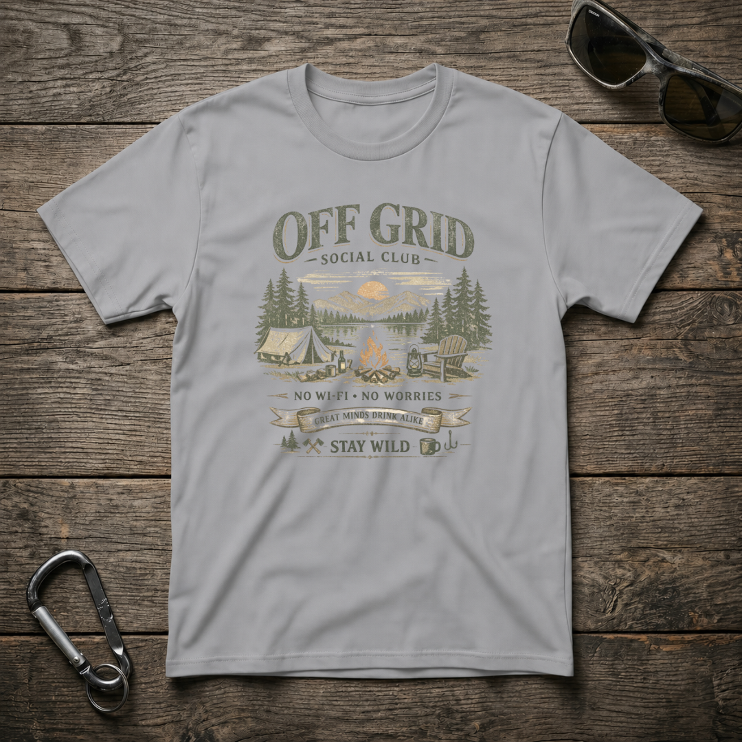 Sport grey graphic T-shirt by Designed For The Wild Co featuring off-grid social camping design on softstyle fabric.