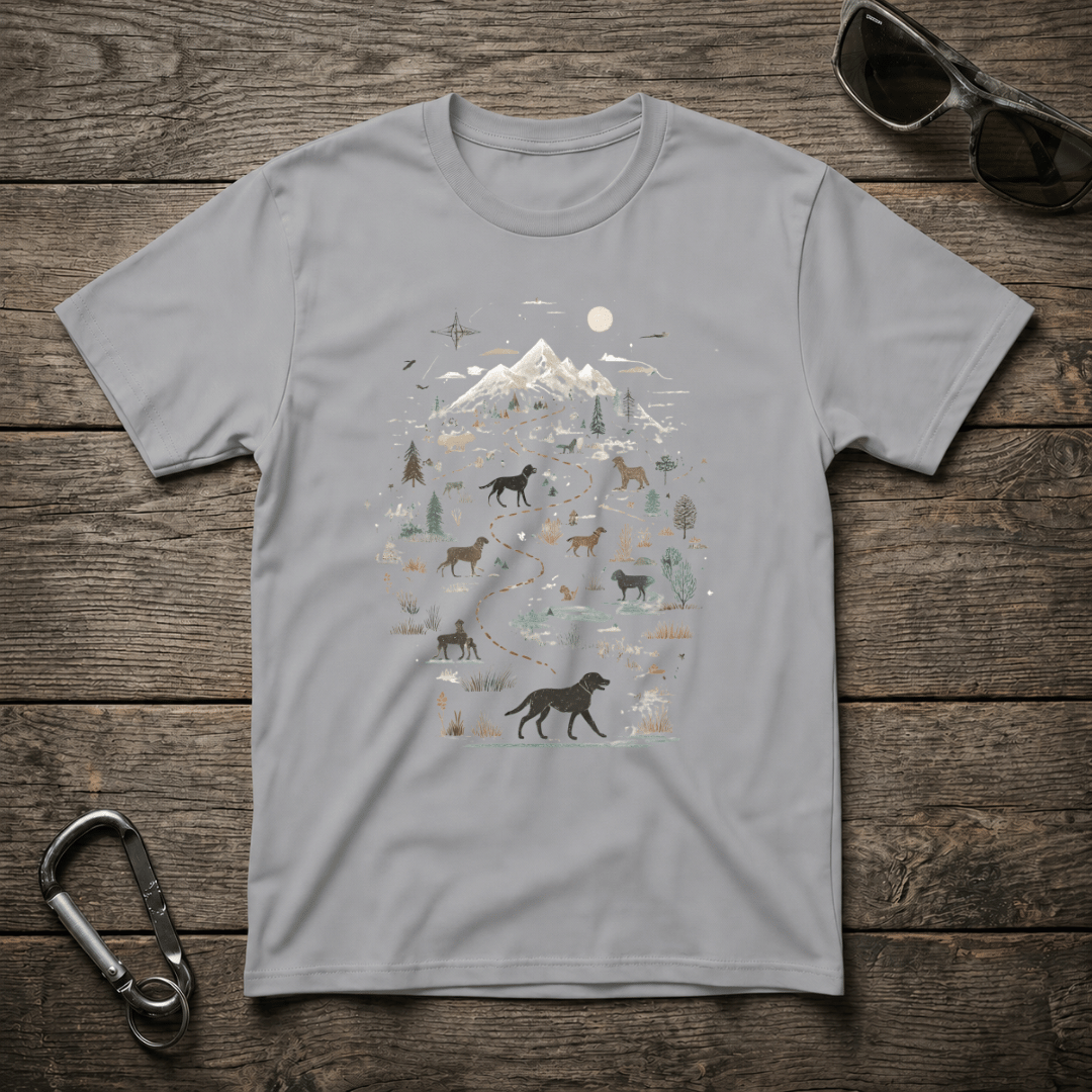 Sport grey Wild Dog Trail graphic T-shirt by Designed For The Wild Co featuring a detailed wild dog illustration on soft cotton fabric.
