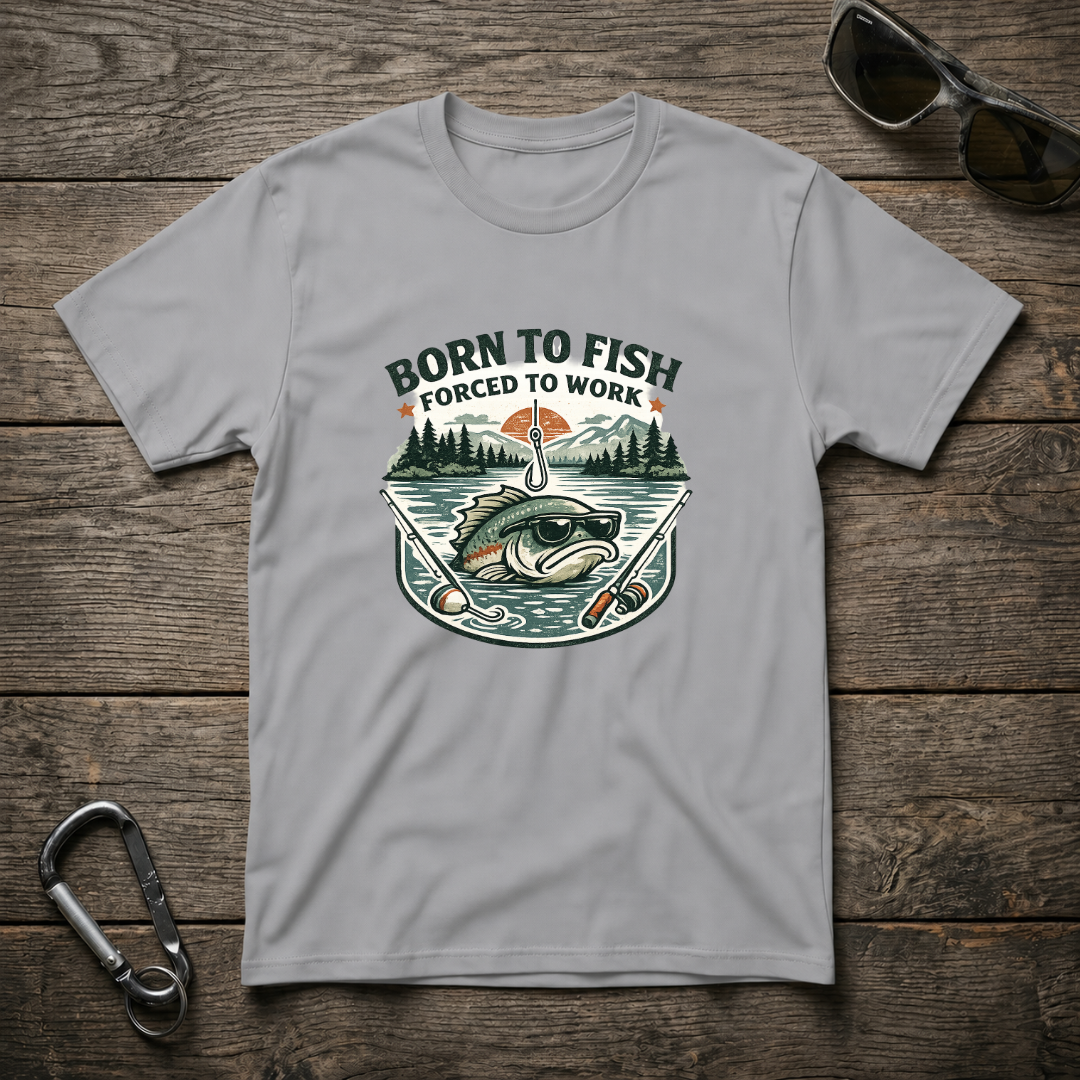 Sport grey graphic T-shirt from Designed For The Wild Co with "Born to Fish, Forced to Work" design and softstyle fabric.