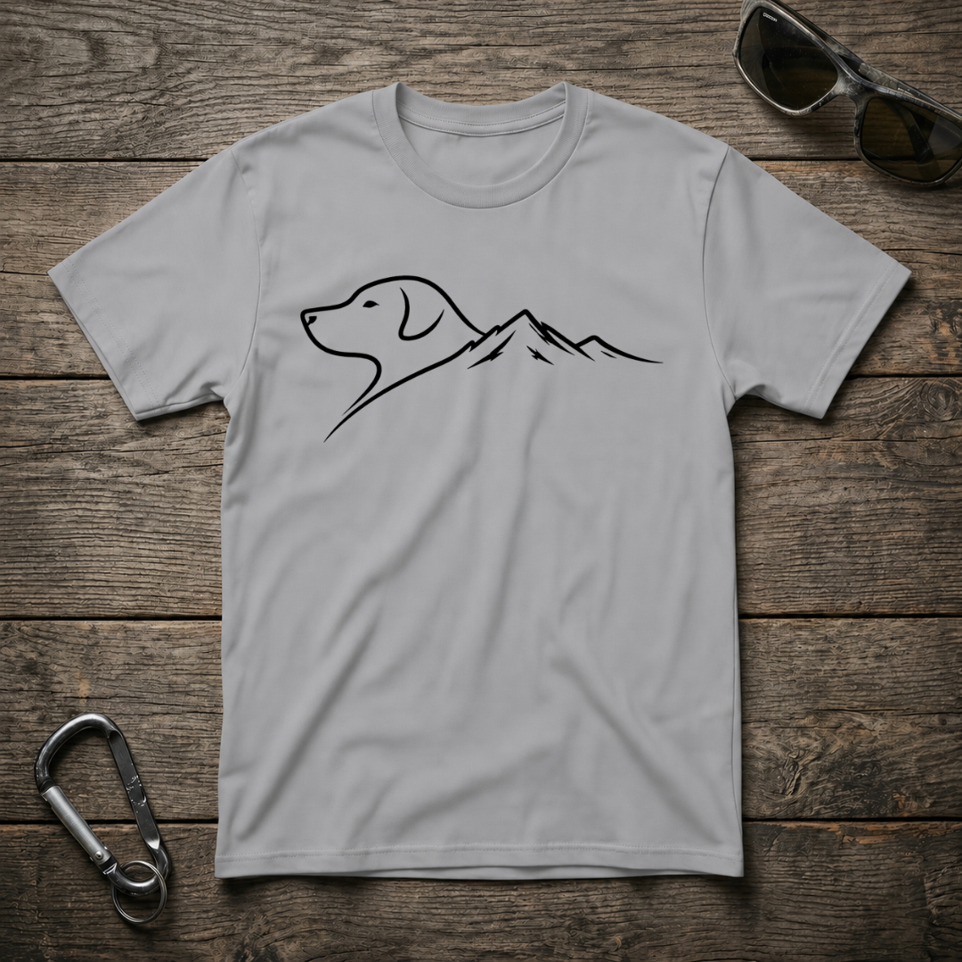 Sport grey Dog & Mountain Trail graphic T-shirt by Designed For The Wild Co featuring outdoor adventure and nature-inspired artwork.