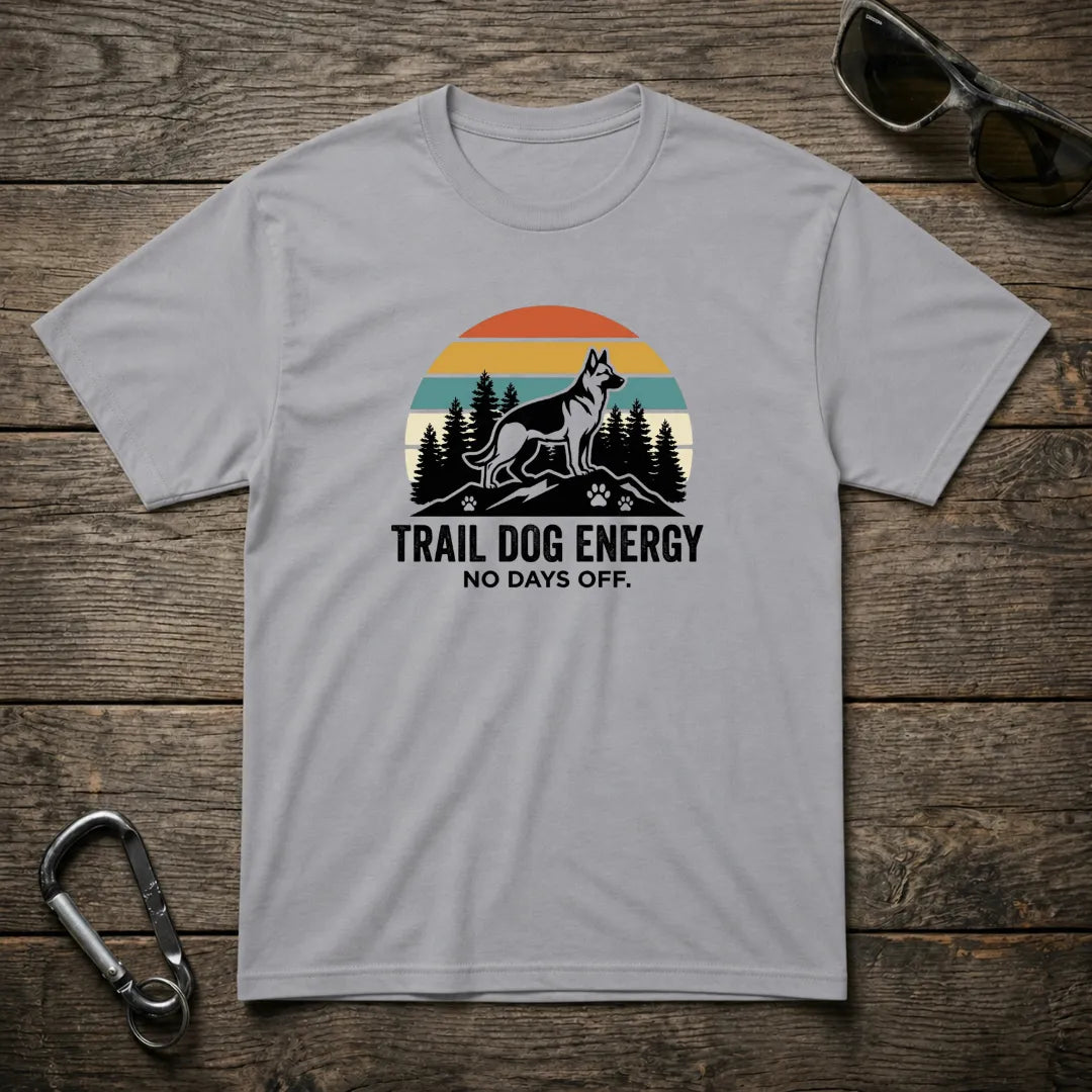 Sports grey Trail Dog Energy heavyweight graphic T-shirt by Designed For The Wild Co featuring a rugged outdoor dog design.