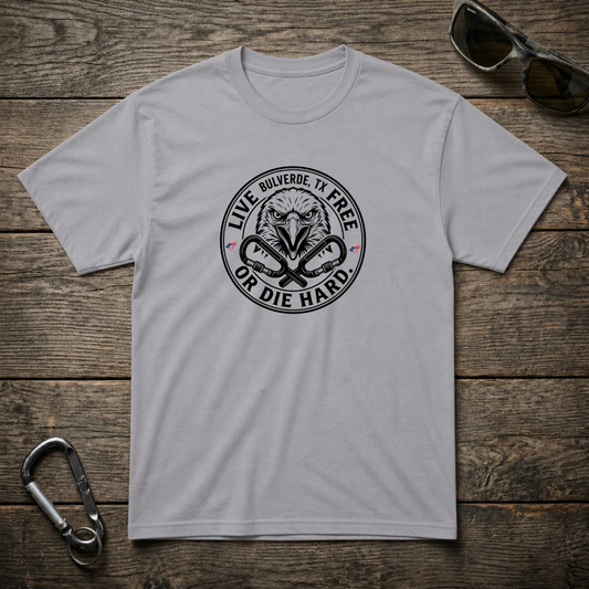 Gray graphic T-shirt from Designed For The Wild Co featuring "Live Free Or Die Hard" design on the front.