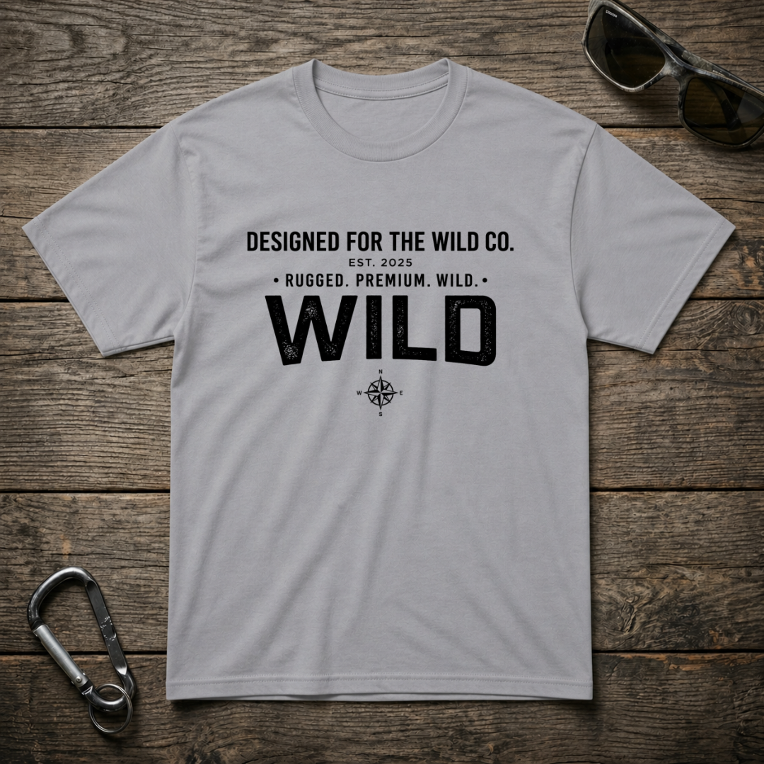 Sports grey heavyweight graphic T-shirt by Designed For The Wild Co featuring a bold logo design on the front.