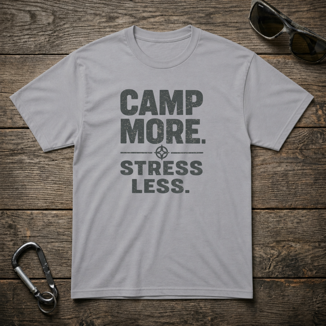 Designed For The Wild Co graphic heavyweight T-shirt with "Camp More, Stress Less" text in sports grey.