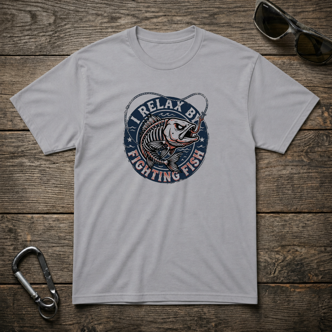 Gray I Relax By Fighting Fish heavyweight graphic T-shirt by Designed For The Wild Co featuring a vibrant fighting fish illustration.