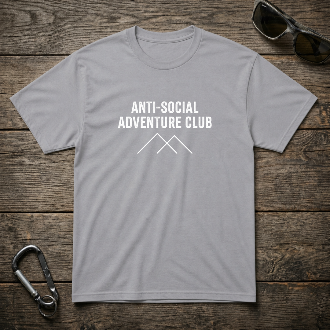 Sports grey heavyweight graphic T-shirt from Designed For The Wild Co featuring bold anti-social adventure club design.