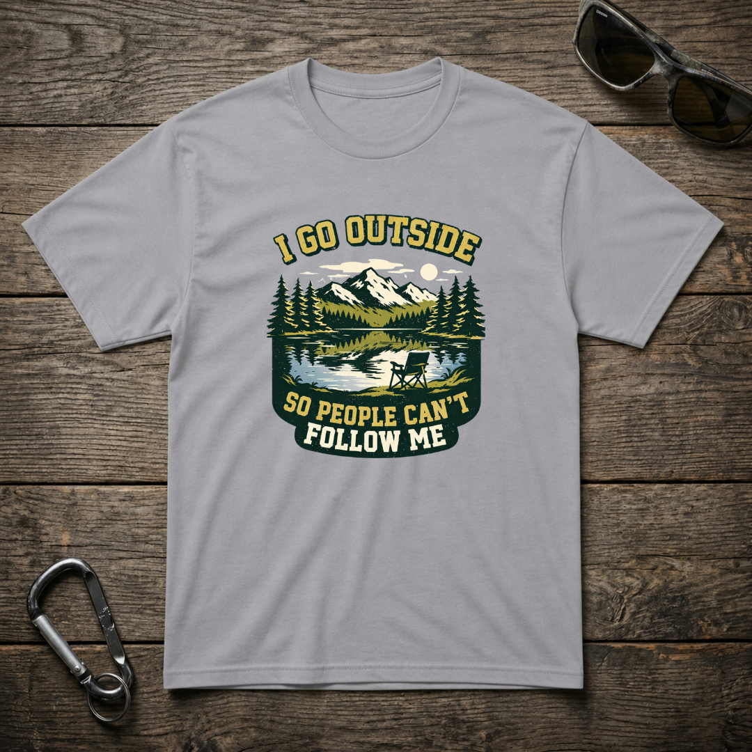 Gray graphic T-shirt from Designed For The Wild Co with outdoor-themed design and "I Go Outside" text on the front.