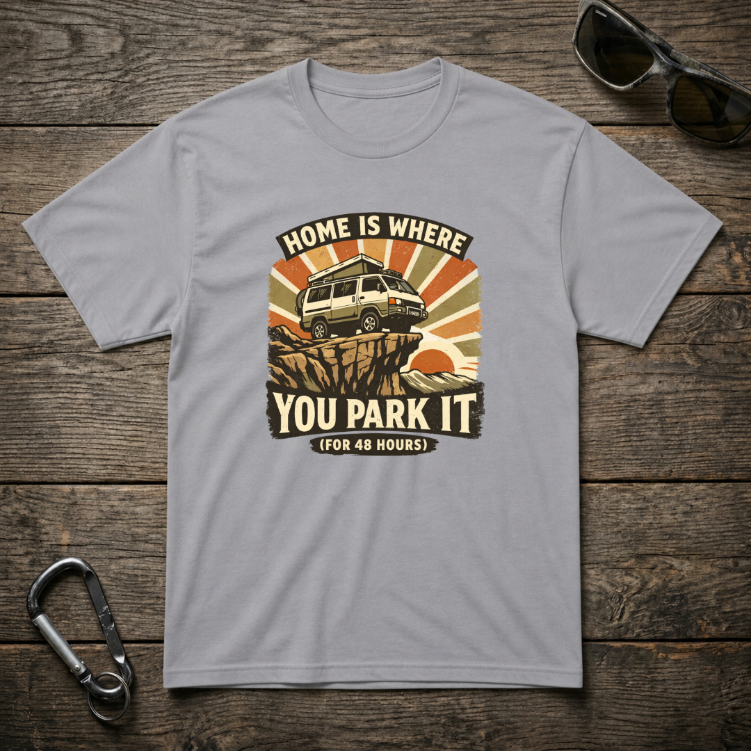 Gray graphic T-shirt by Designed For The Wild Co featuring "Home Is Where You Park It" design and casual fit.