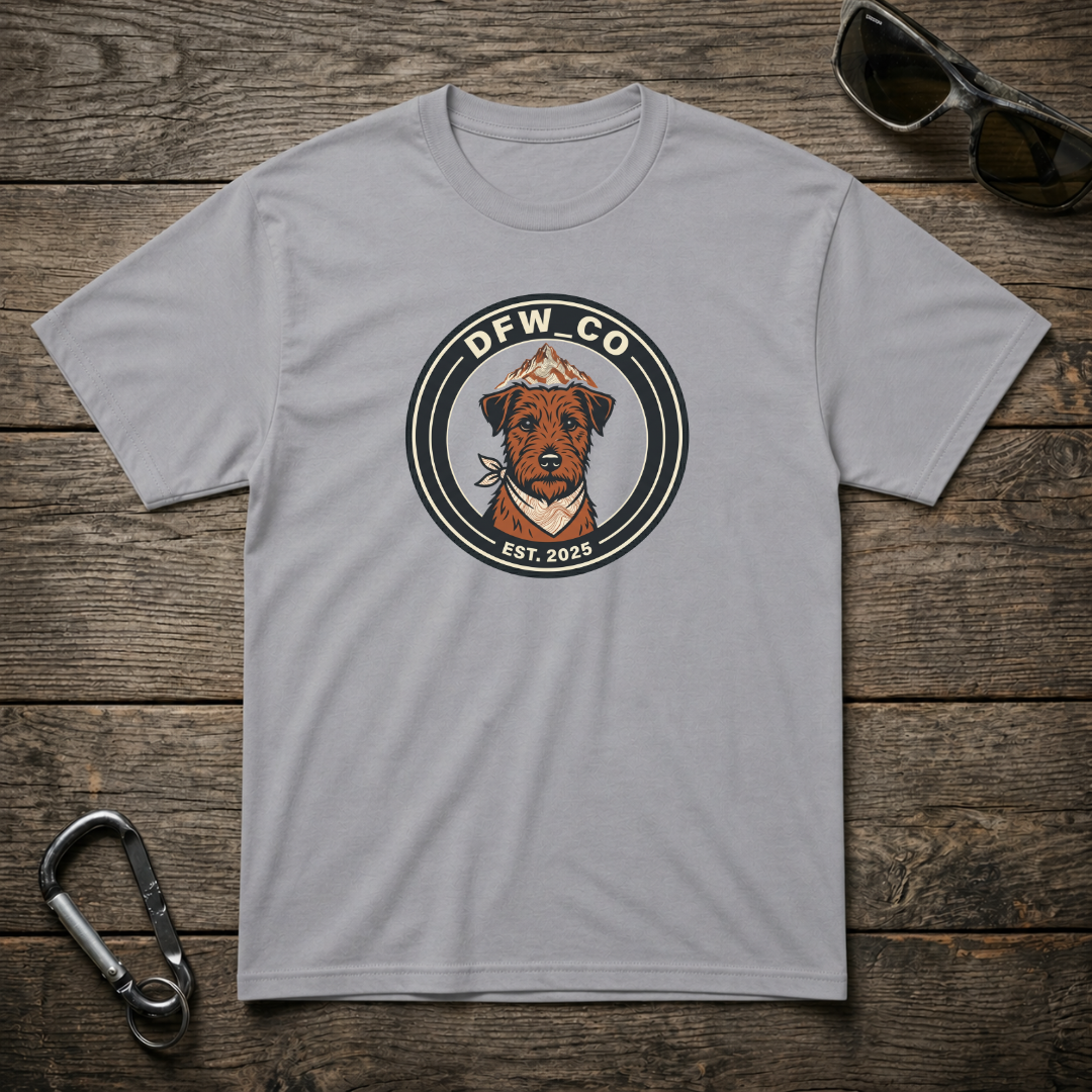 Gray graphic T-shirt featuring a Schnauzer Trail Club design by Designed For The Wild Co, casual and stylish men's apparel.