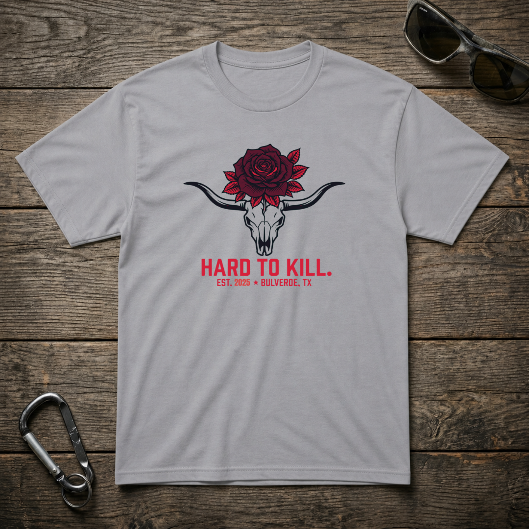 Sports grey graphic T-shirt by Designed For The Wild Co featuring a longhorn skull design on the front.