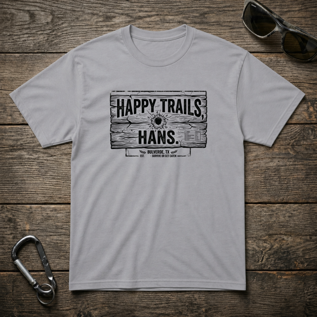 Gray graphic T-shirt from Designed For The Wild Co featuring the Happy Trails Hans Heavyweight T-Shirt design.