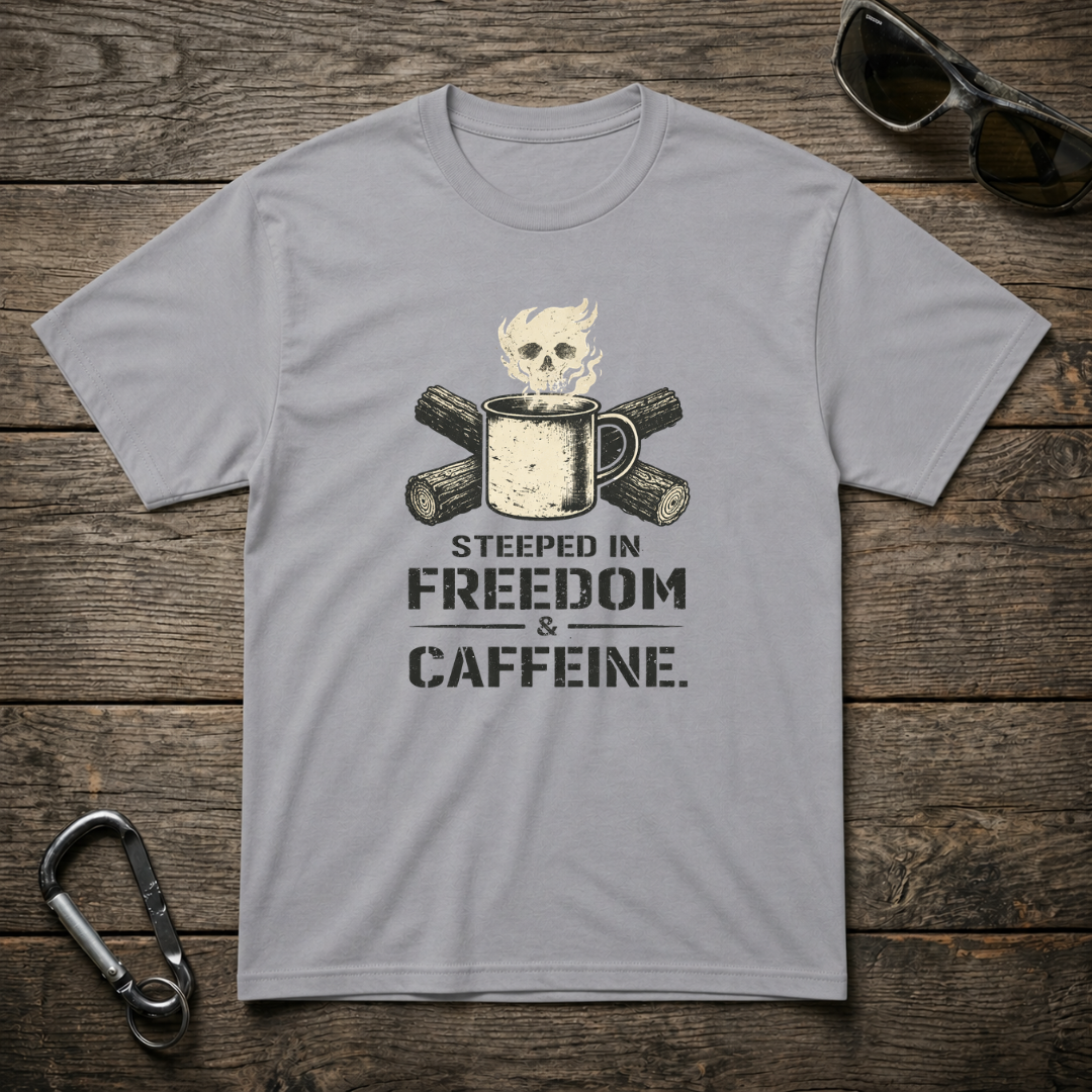 Grey graphic T-shirt from Designed For The Wild Co featuring bold "Steeped In Freedom & Caffeine" design on the front.
