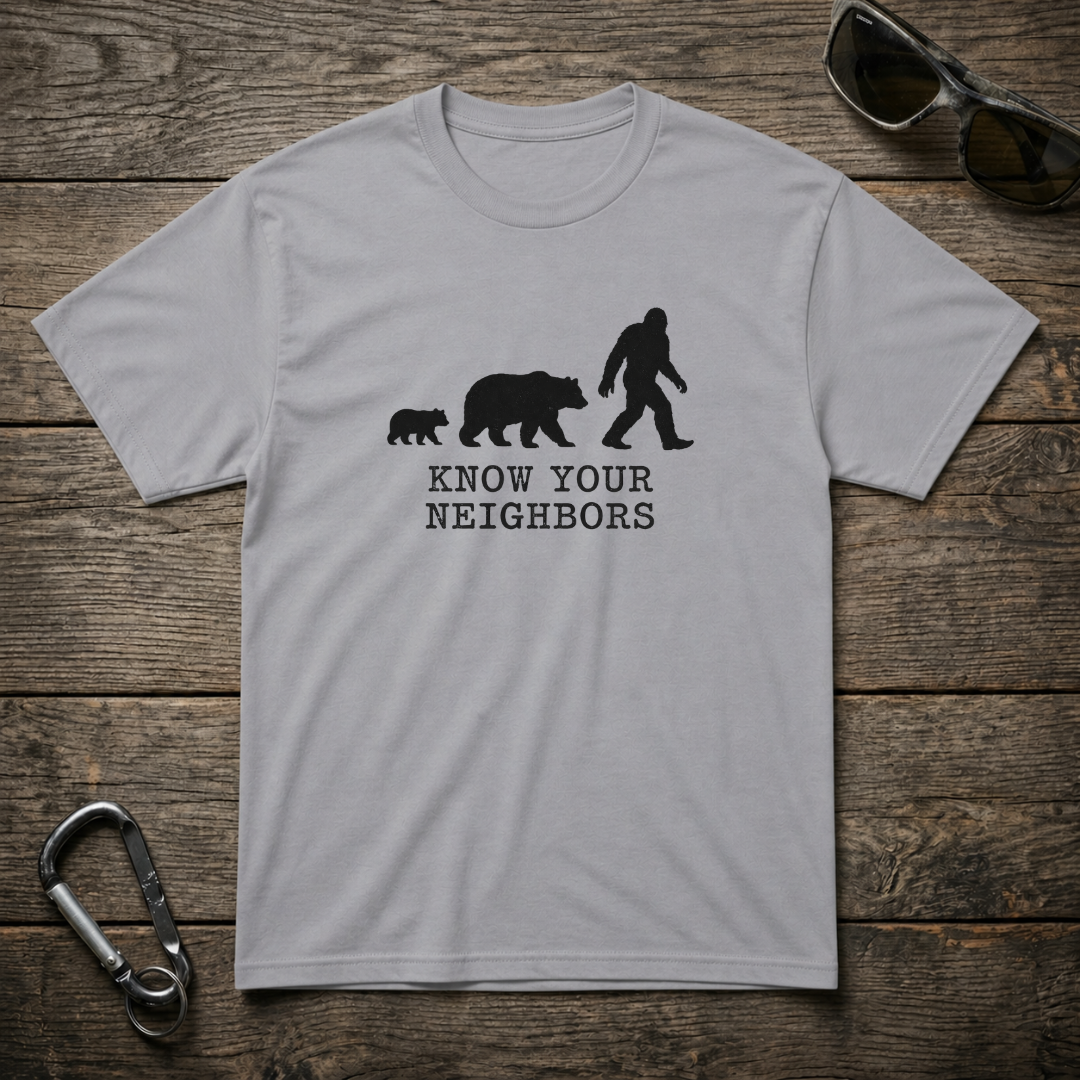 Sports grey Know Your Neighbors heavyweight graphic T-shirt by Designed For The Wild Co with bold front design.