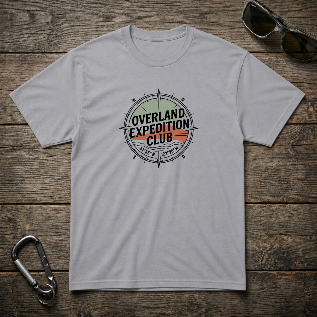 Sports grey graphic T-shirt from Designed For The Wild Co with expedition-themed print and heavyweight cotton fabric.