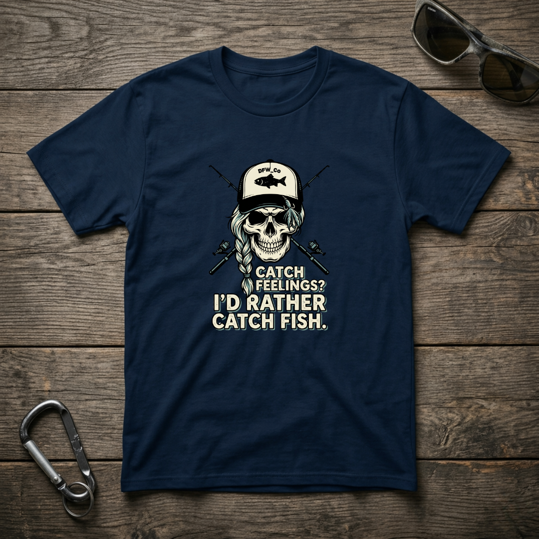 True navy graphic T-shirt by Designed For The Wild Co featuring a fishing-themed design on the front.