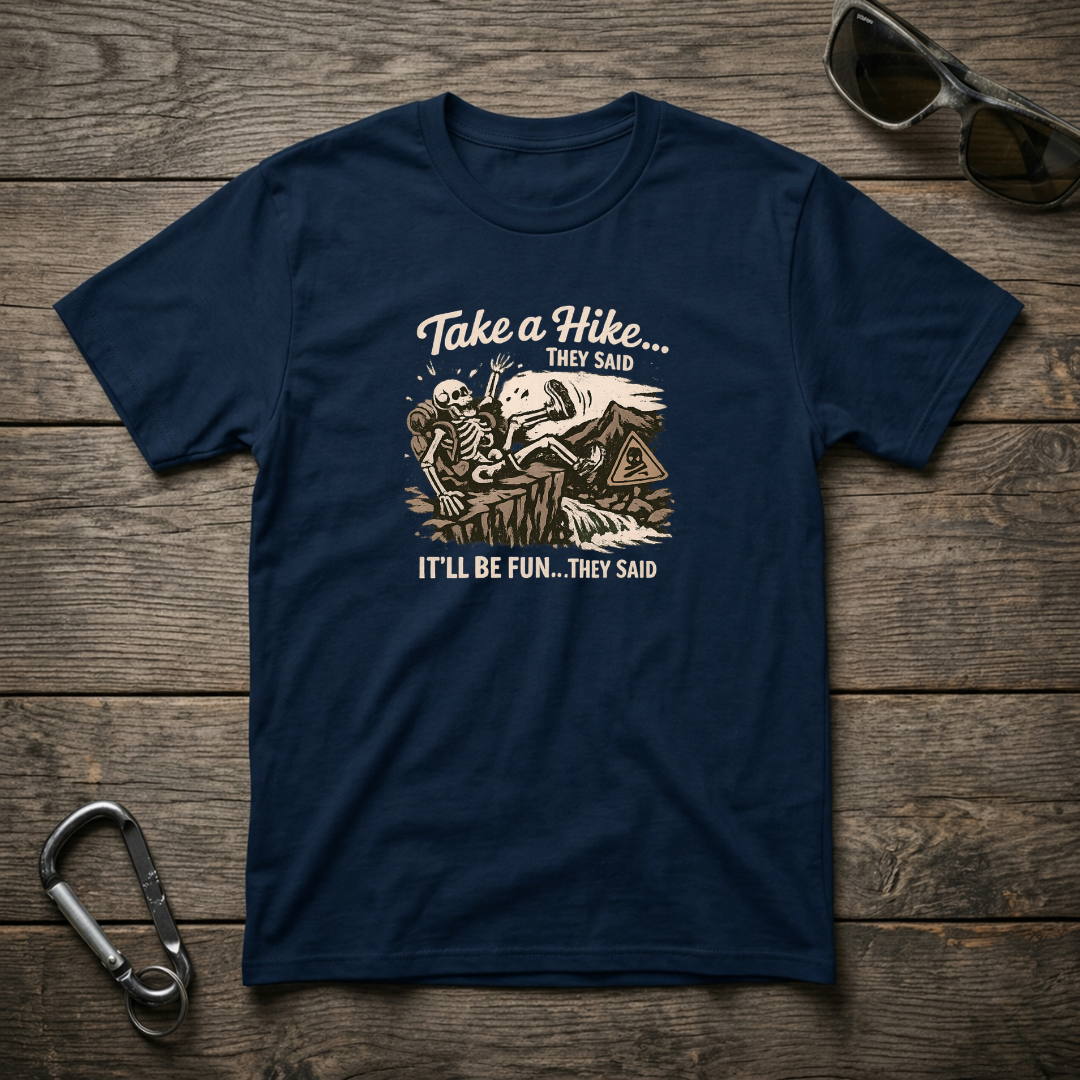 True navy graphic T-shirt by Designed For The Wild Co featuring a rugged outdoor hiking design and casual fit.
